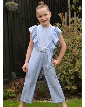 Girls Ruffle Design Striped Belted Jumpsuit in Blue