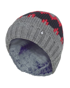 Heat Holders - Pojkar Tjock Ribbad Vävd Stickad Mjuk Pom Pom Bobble Beanie Mössa - Pebble Melange/Röd/Navy
