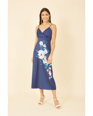 Navy Satin Slip Dress With Floral Design