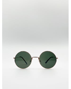 Classic Metal Round Sunglasses With Green Tinted Lenses