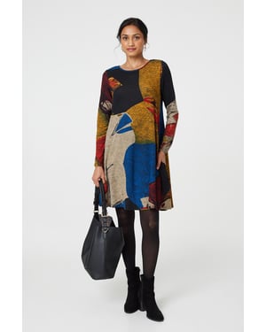 Red Abstract Print Long Sleeve Short Swing Dress