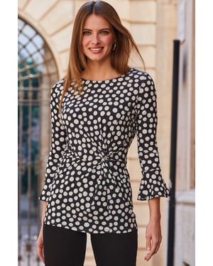 Black & White Spot Print Twist Front Fluted Sleeve Top