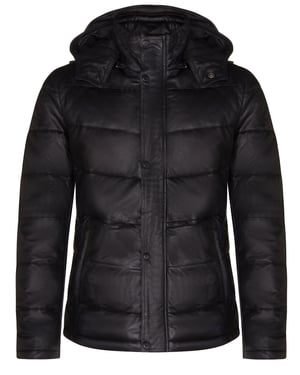 Black Puffer Leather Quilted Warm Bomber Hooded Jacket