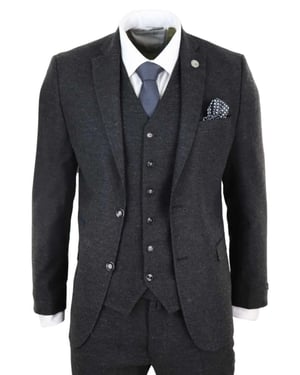 Heren 3-delige Zwarte Wol Tweed Vintage Retro Kostuum