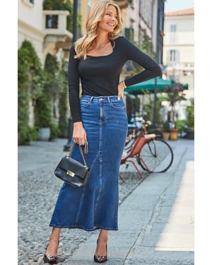 Mid Blue Figure-Flattering Denim Skirt