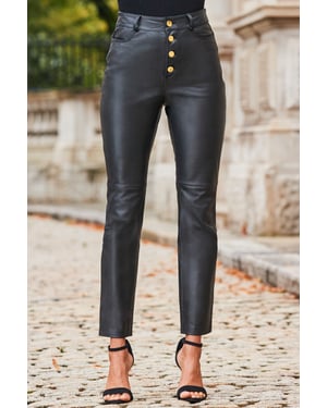 Black Leather Button Front Slim Leg Trousers