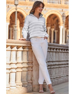 Grey & White Stripe Half Zip Jumper