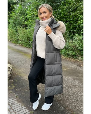 Khaki Faux Fur Hooded Longline Padded Gilet