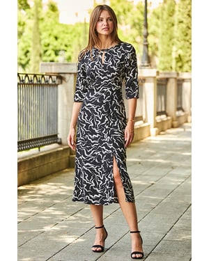 Black & White Abstract Print Midi Dress With Keyhole Detail