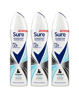 Sure Women Anti-Perspirant 72H Nonstop Protection Deo Invisible Aqua 150ml, 3pk