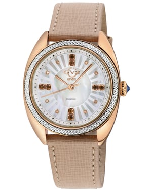 GV2 Women's Palermo Diamond Swiss Quartz MOP Blue Dial, Genuine Tan Handmade Leather Watch