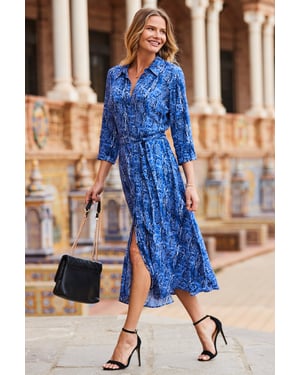 Blue Animal Print Belted Midi Shirt Dress