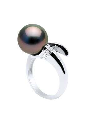 Ring Sieraden Prestige Spiraal - Diamanten 0,10 Cts - Echte Gecultiveerde Tahiti Parel Rond 10-11 mm