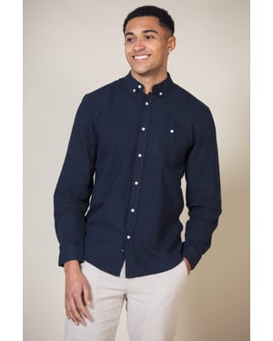 Navy Linen Blend Long Sleeve Button-Up Shirt With Chest Pocket