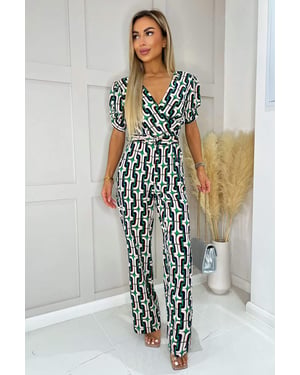 Green And Blue Geometric Multi Printed Wrap Top Belted Jumpsuit