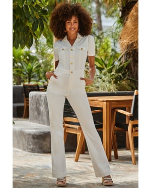 Ivory Denim Pocket Front Jumpsuit With Gold Buttons