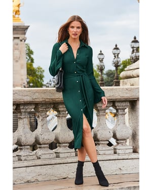 Dark Green Plisse Flared Sleeve Shirt Jersey Dress