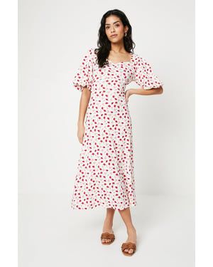 Petite Ditsy Ruched Front Puff Sleeve Midi Dress