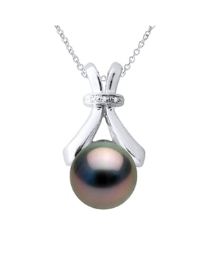 Halsketting Sieraad Diamant 0.01 Cts Wit Goud en Echte Gecultiveerde Tahiti Parel Rond 7-8 mm