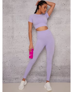 Short Sleeved Cropped Sports Top in  Purple