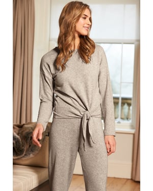 Oatmeal Marl Tie Front Long Sleeve Loungewear Top