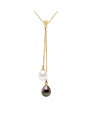 DIADEMA - Necklace - You & Me - 2 Real Freshwater Pearls and Tahitian Pealrs - Yellow Gold