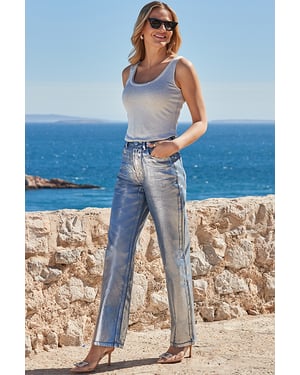 Silver Metallic Straight Leg Jeans