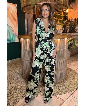 Multi Floral Print V Neck Sleeveless Jumpsuit