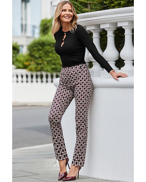 Burgundy Geometric Print Tapered Leg Trousers