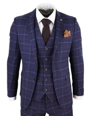 Mens 3 Piece Navy Blue Wool Check Retro Suit