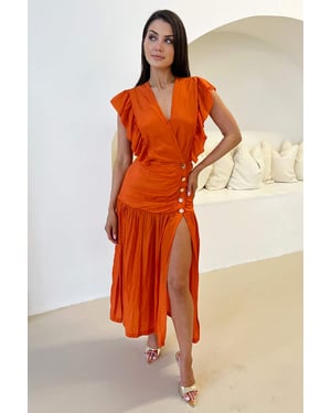 Orange Frill Shoulder Button Front Midi Dress