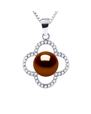 CLOVER Necklace Freshwater Pearl 9-10 mm Chocolate 925