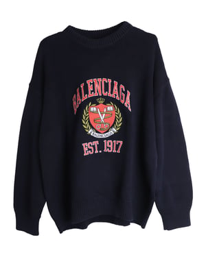 Balenciaga Oversized Broderad Collegemärke Tröja i Mörkblå Bomull