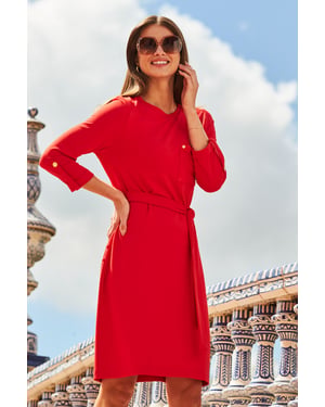 Red Pocket Detail Belted Shift Dress