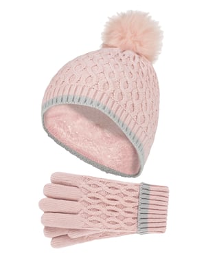 Värmehållare - Värmeisolerad mössa och handskar med bubbla Pom Pom för flickor | Färgglada pastellfärger - Dusky Pink