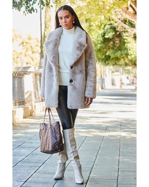 Taupe Premium Faux Fur Coat With Button Detail