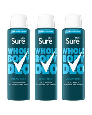 Sure Men Whole Body Deodorant Spray Ocean Rush w/ 72H Odour Control 150ml, 3pk