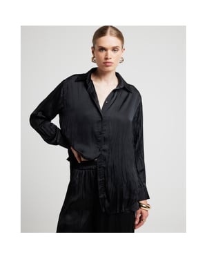 River Island Womens Shirt Black Crinkle Satin Collared Long Sleeve