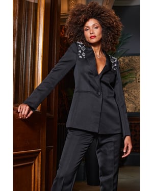 Black Embellished Shoulder Structured Blazer