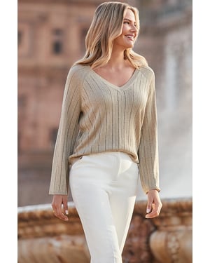 Gold Sparkle Metallic Pointelle Stitch Fluted Sleeve Jumper