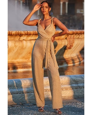 Champagne Gold Metallic Plisse Tie Waist Wrap Jumpsuit