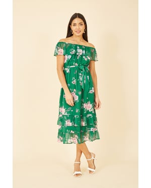 Green Floral Bardot Midi Dress With Frill Hem