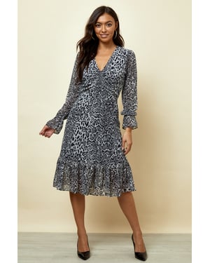 Snow Leopard Print V Neck Fit & Flare Dress
