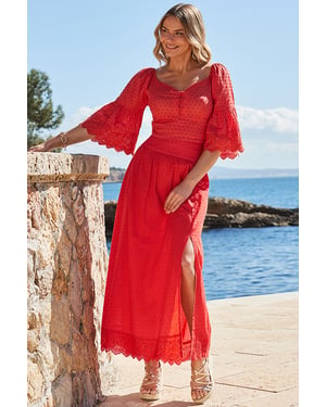 Orange Embroidered Midi Skirt With Broderie Trim