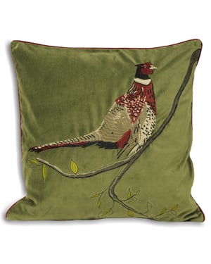 Paoletti Hunter Velvet Embroidered Pheasant Piped Cushion Cover