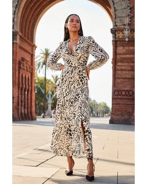 Natural Animal Print Wrap Front Maxi Dress