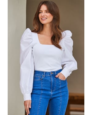 Petite Ivory Puff Sleeve Rib Jersey Top