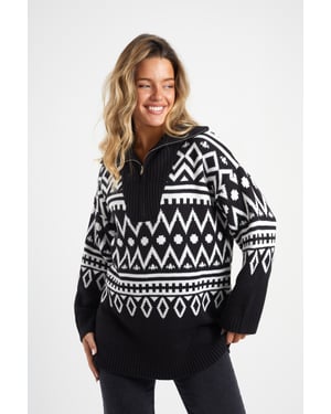 Black Oversized Zip Neck Knitted Pattern Jumper