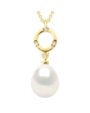 Halsband Smycken Diamant 0.01Cts gulguld och äkta odlad sötvattenspärla pärla 9-10 mm