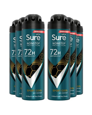 Sure Men Nonstop Protection 72H Anti-Perspirant Deodorant Sport Cool 150ml, 6pk